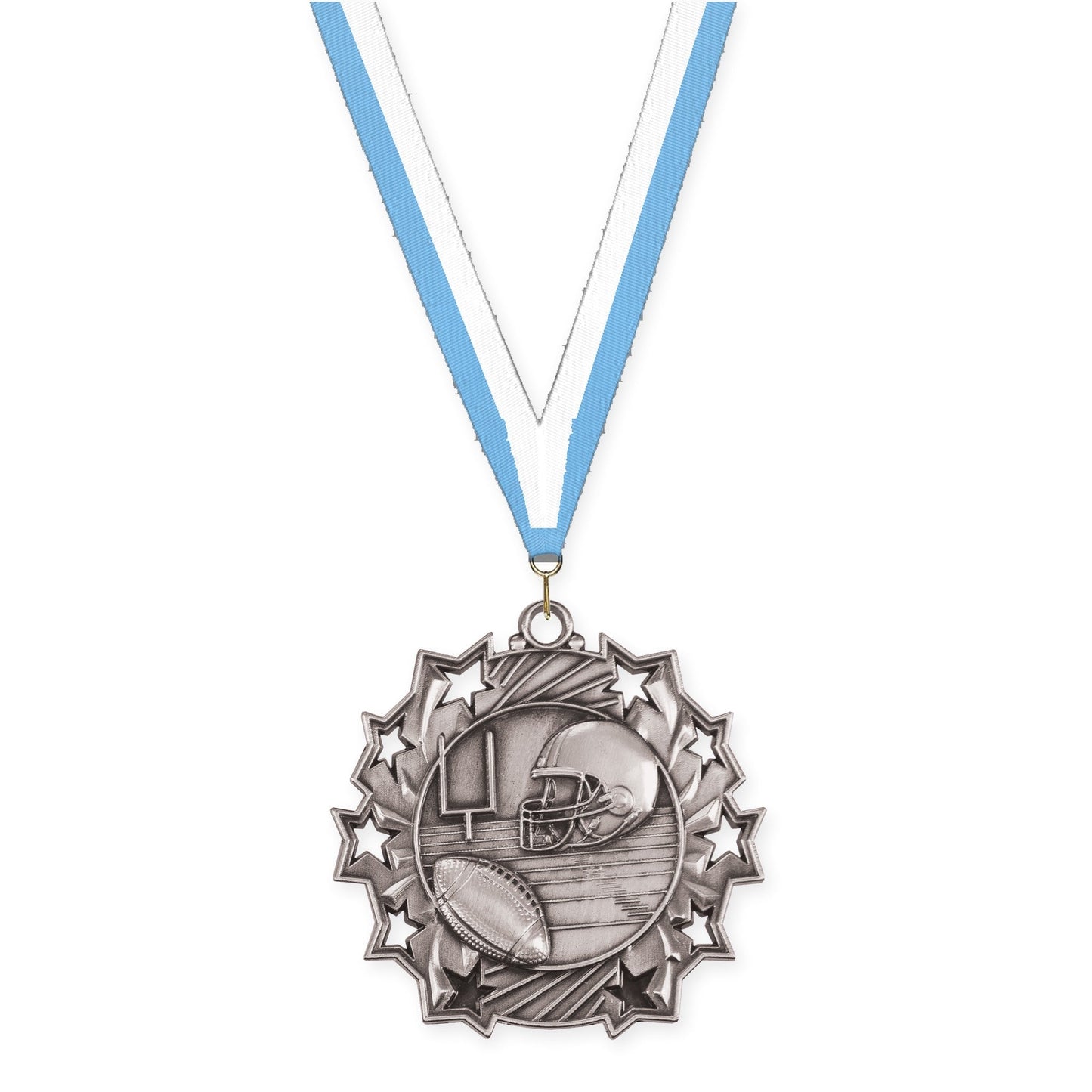 2 1/4 inch football Ten Star medal in bright silver with Light Blue White neck ribbon