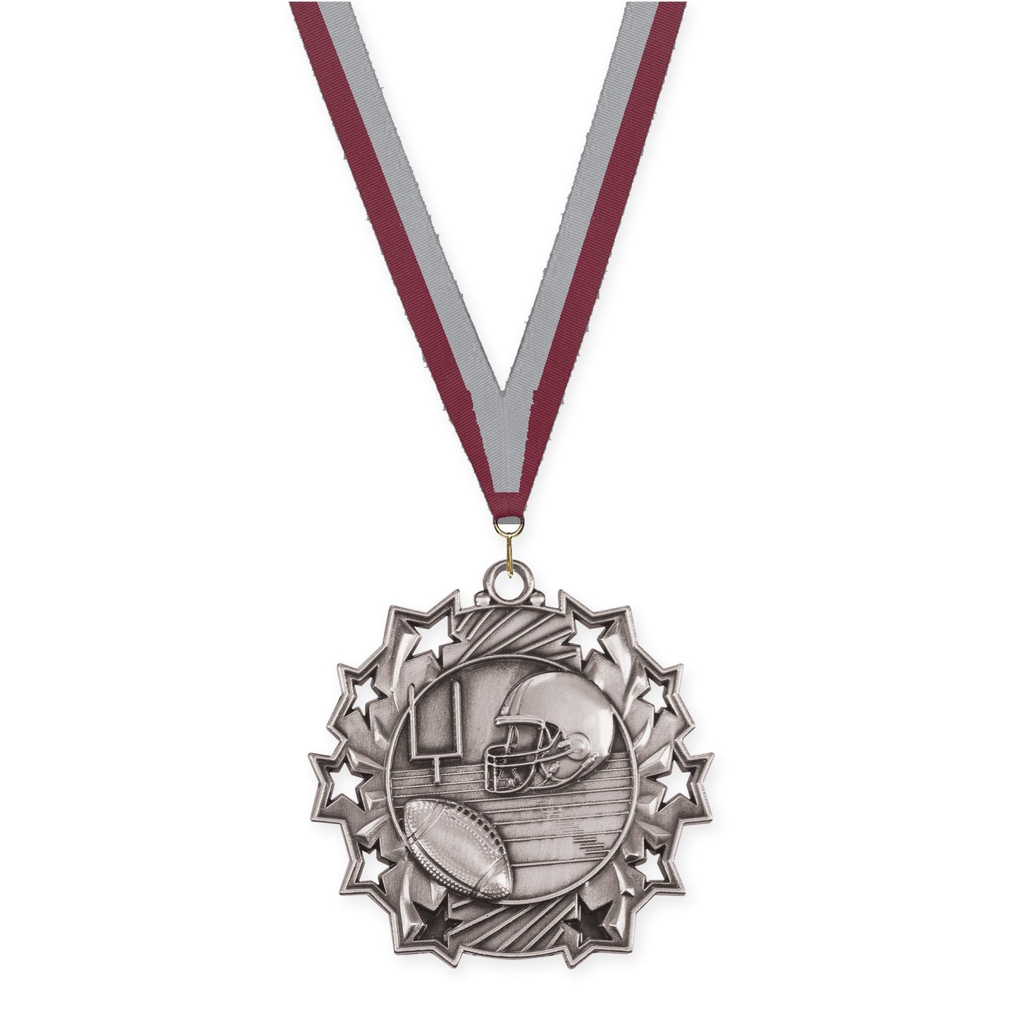 2 1/4 inch football Ten Star medal in bright silver with Maroon Gray neck ribbon