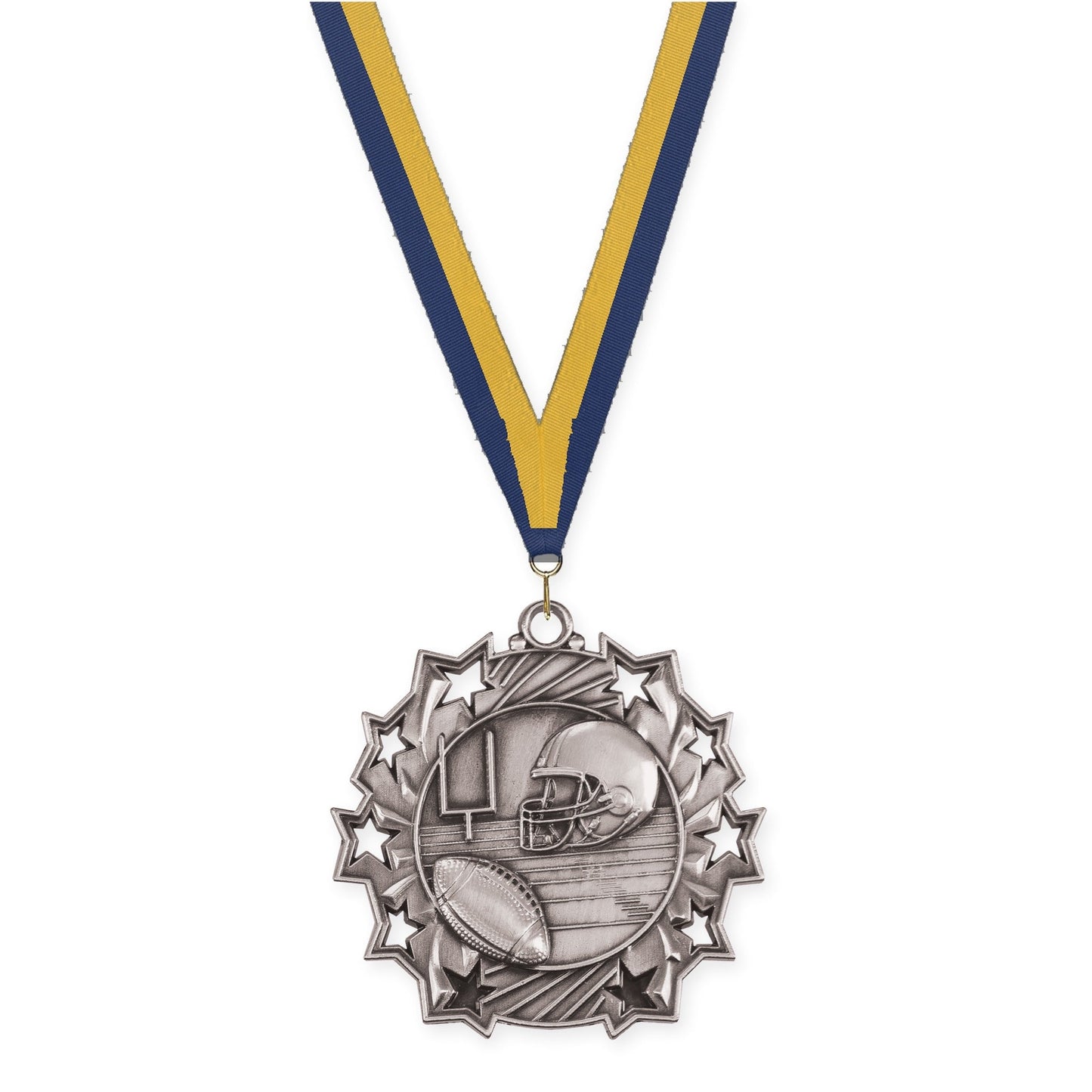 2 1/4 inch football Ten Star medal in bright silver with Navy Gold neck ribbon