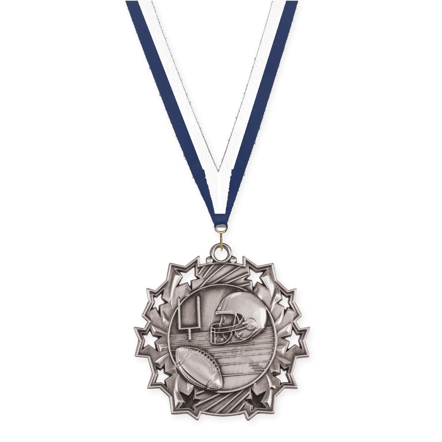 2 1/4 inch football Ten Star medal in bright silver with Navy White neck ribbon