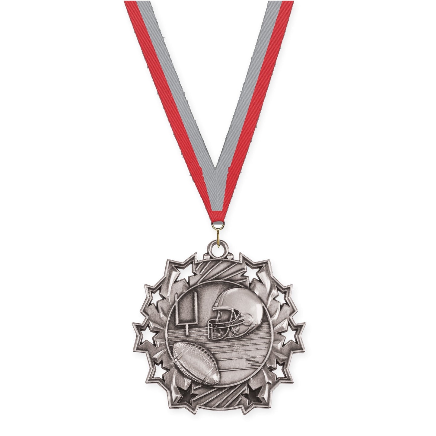 2 1/4 inch football Ten Star medal in bright silver with Red Gray neck ribbon