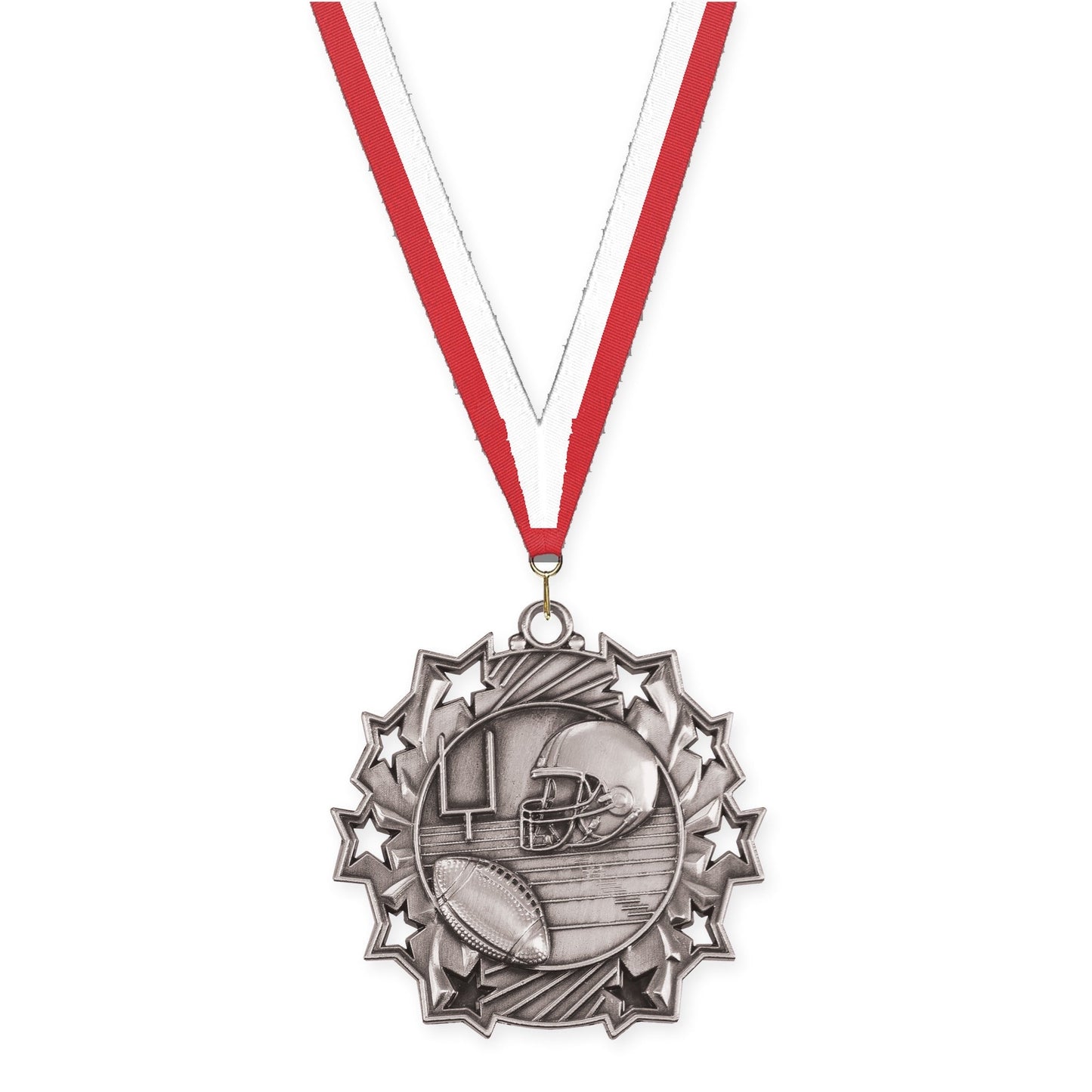2 1/4 inch football Ten Star medal in bright silver with Red White neck ribbon