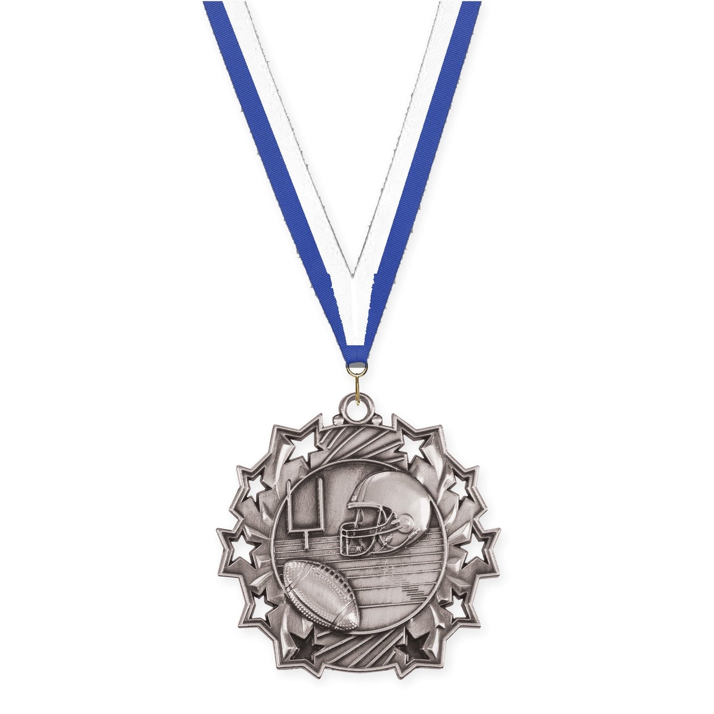 2 1/4 inch football Ten Star medal in bright silver with Blue White neck ribbon