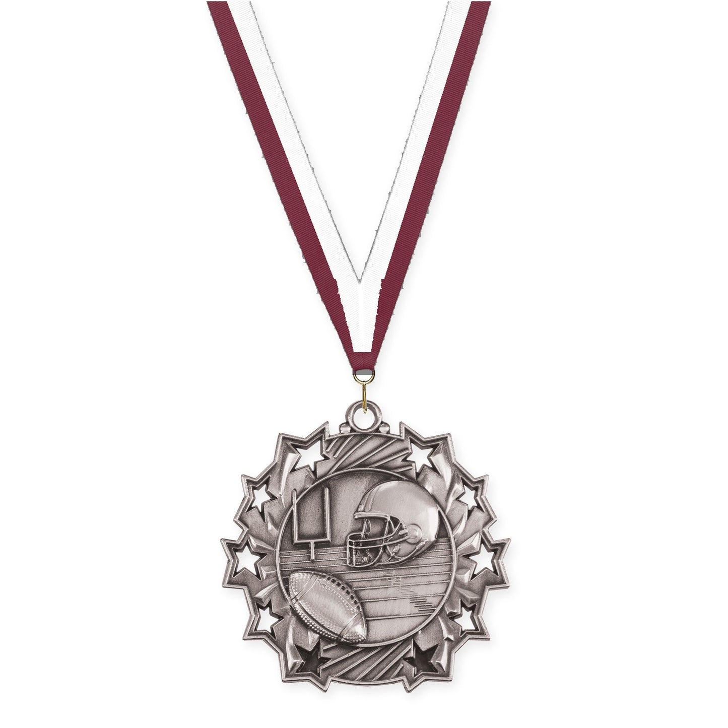 2 1/4 inch football Ten Star medal in bright silver with Maroon White neck ribbon