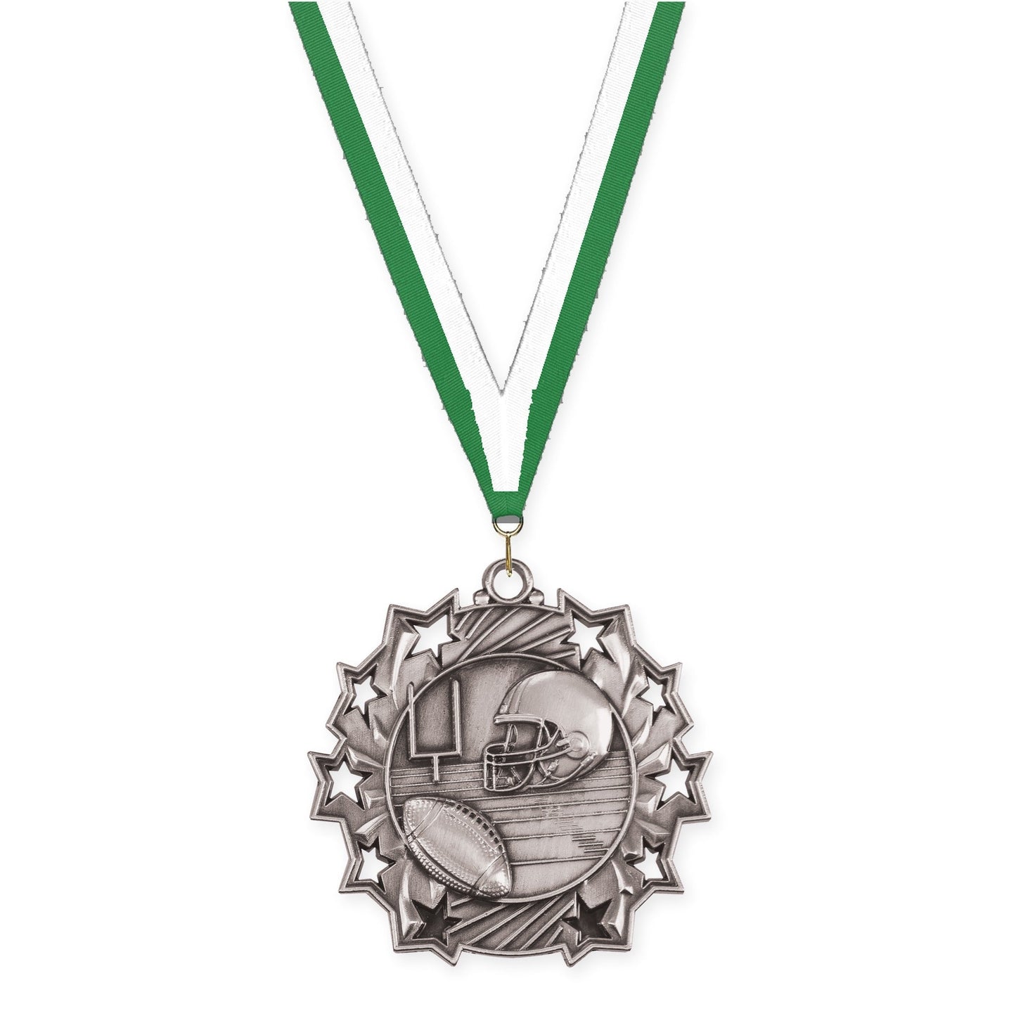 2 1/4 inch football Ten Star medal in bright silver with Green White neck ribbon
