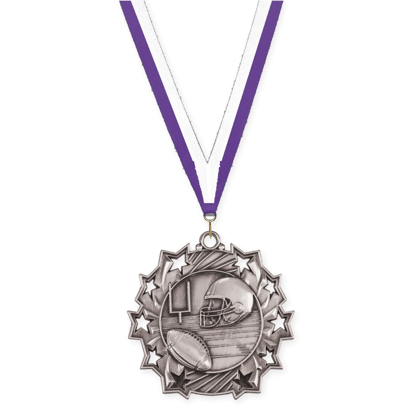 2 1/4 inch football Ten Star medal in bright silver with Purple White neck ribbon