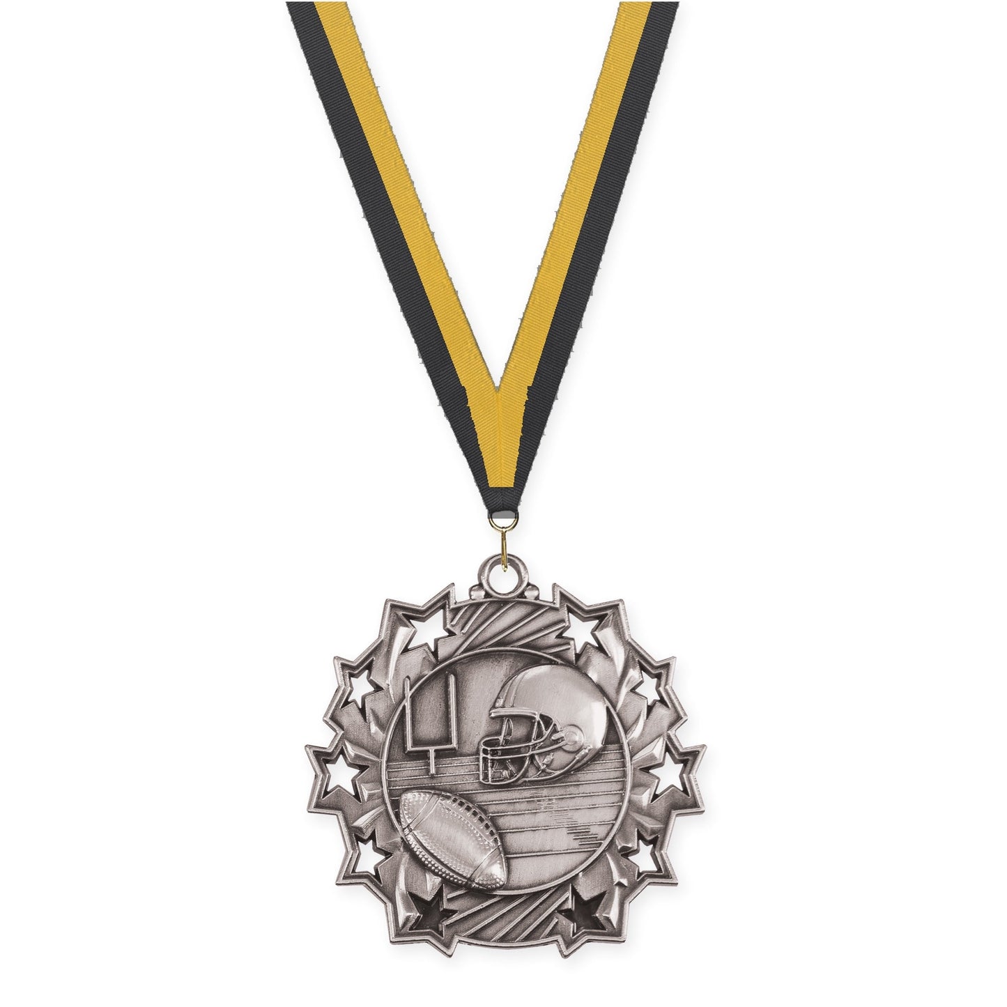 2 1/4 inch football Ten Star medal in bright silver with Black Gold neck ribbon