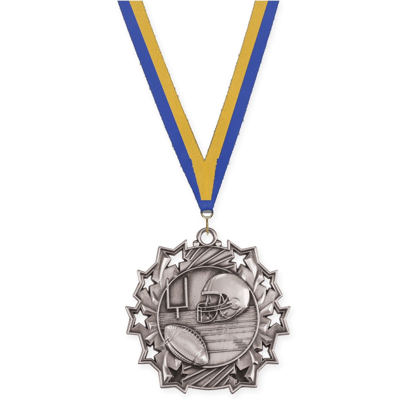 2 1/4 inch football Ten Star medal in bright silver with Blue Gold neck ribbon