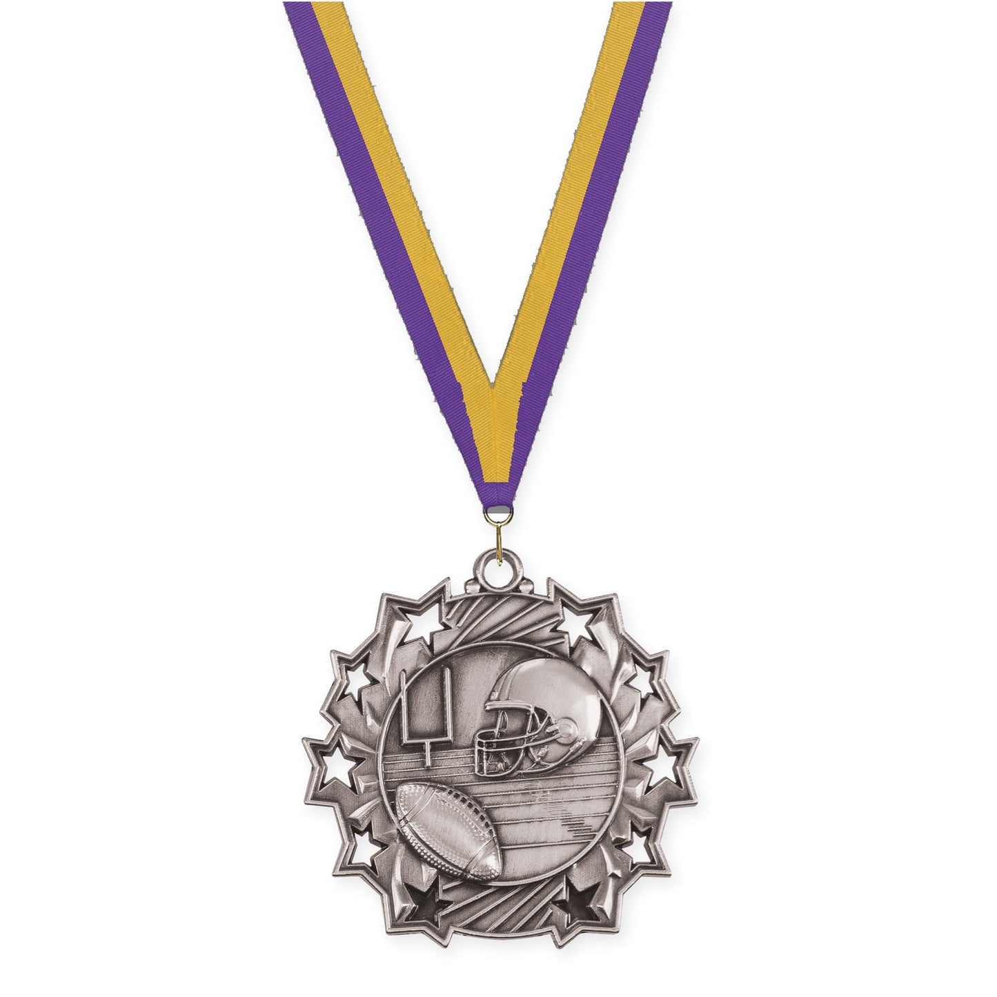 2 1/4 inch football Ten Star medal in bright silver with Purple Gold neck ribbon