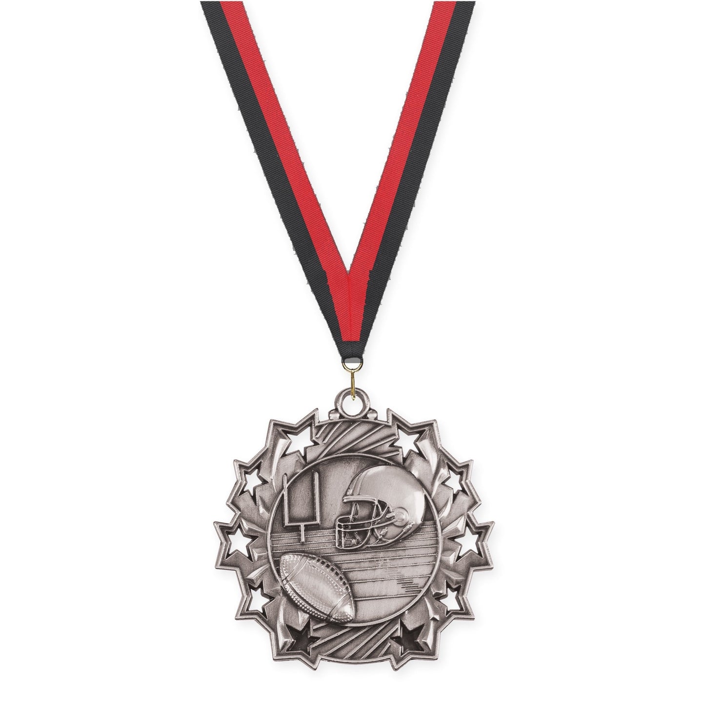2 1/4 inch football Ten Star medal in bright silver with Black Red neck ribbon