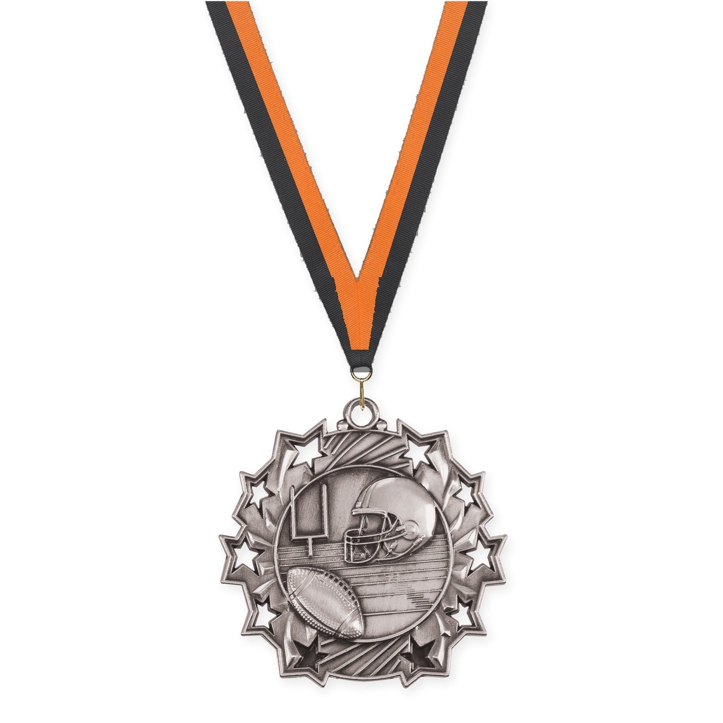 2 1/4 inch football Ten Star medal in bright silver with Black Orange neck ribbon