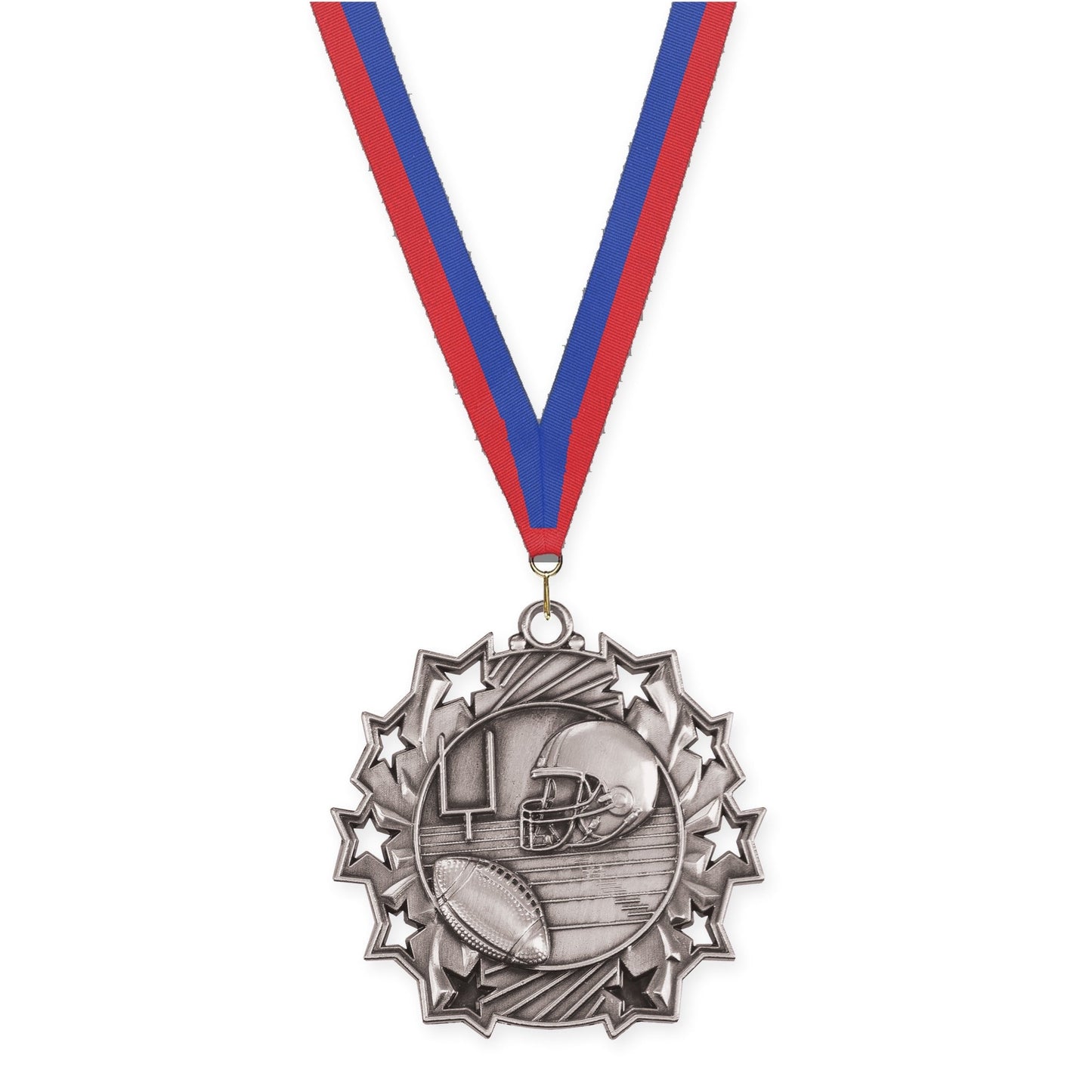 2 1/4 inch football Ten Star medal in bright silver with Blue Red neck ribbon