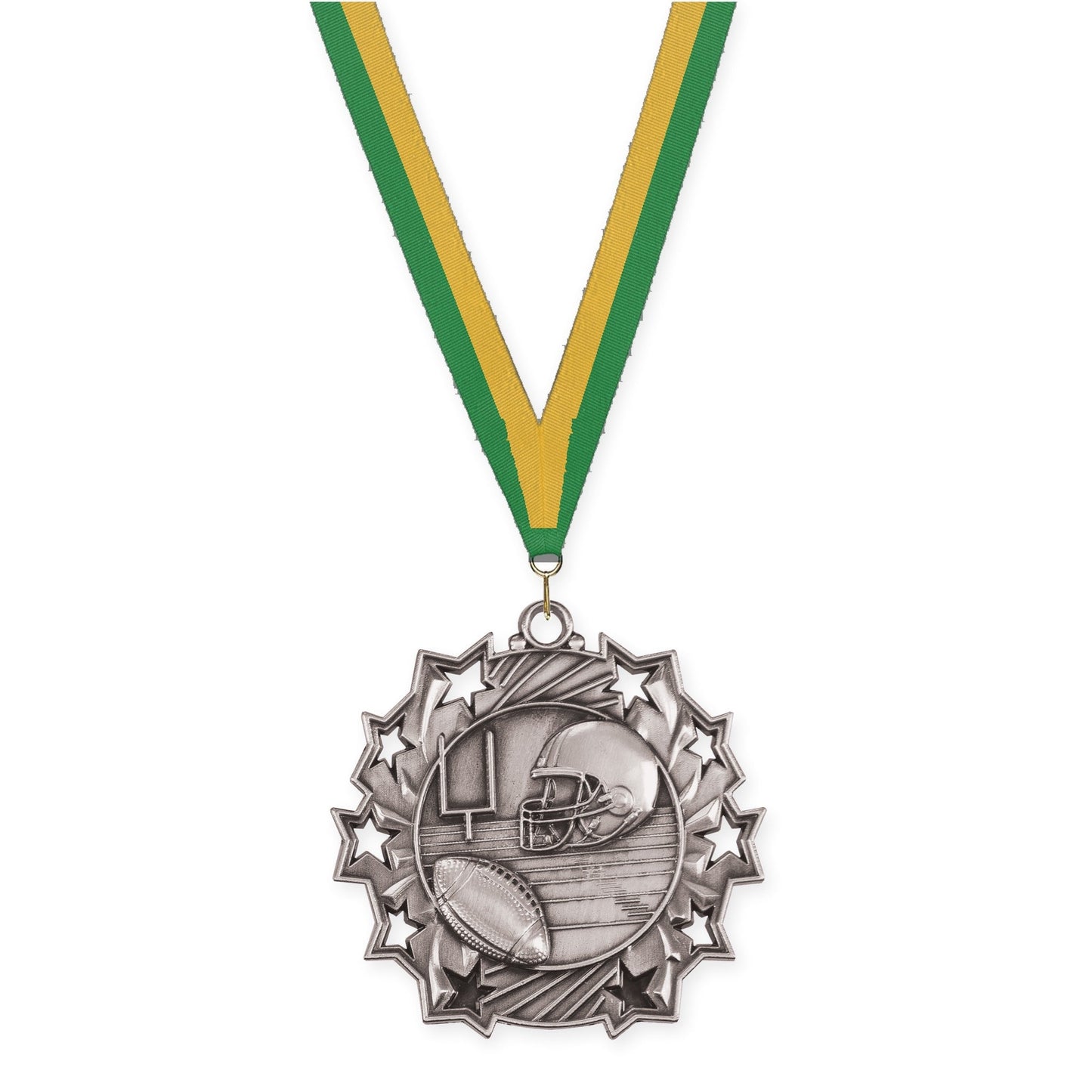 2 1/4 inch football Ten Star medal in bright silver with Green Gold neck ribbon