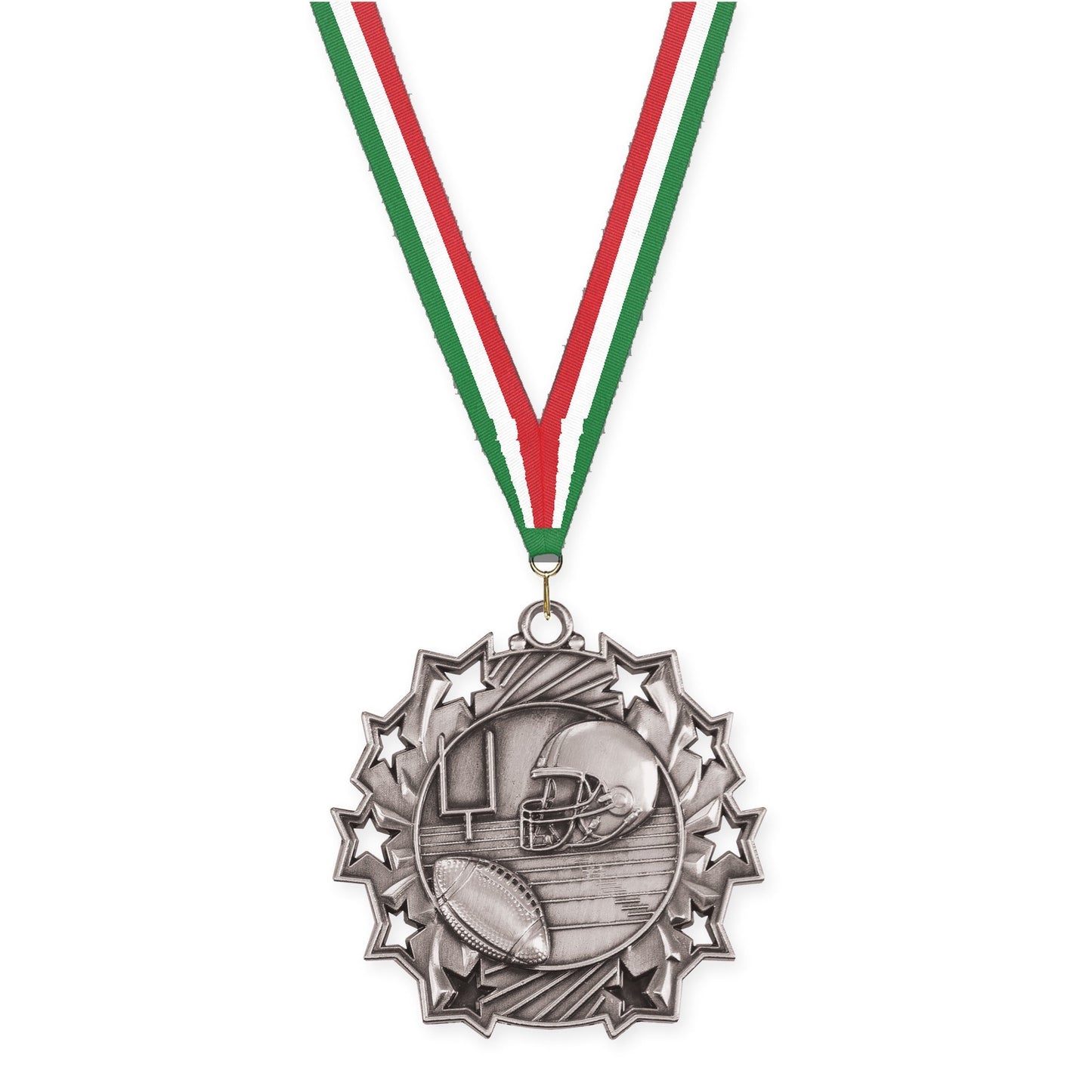 2 1/4 inch football Ten Star medal in bright silver with Green White Red neck ribbon