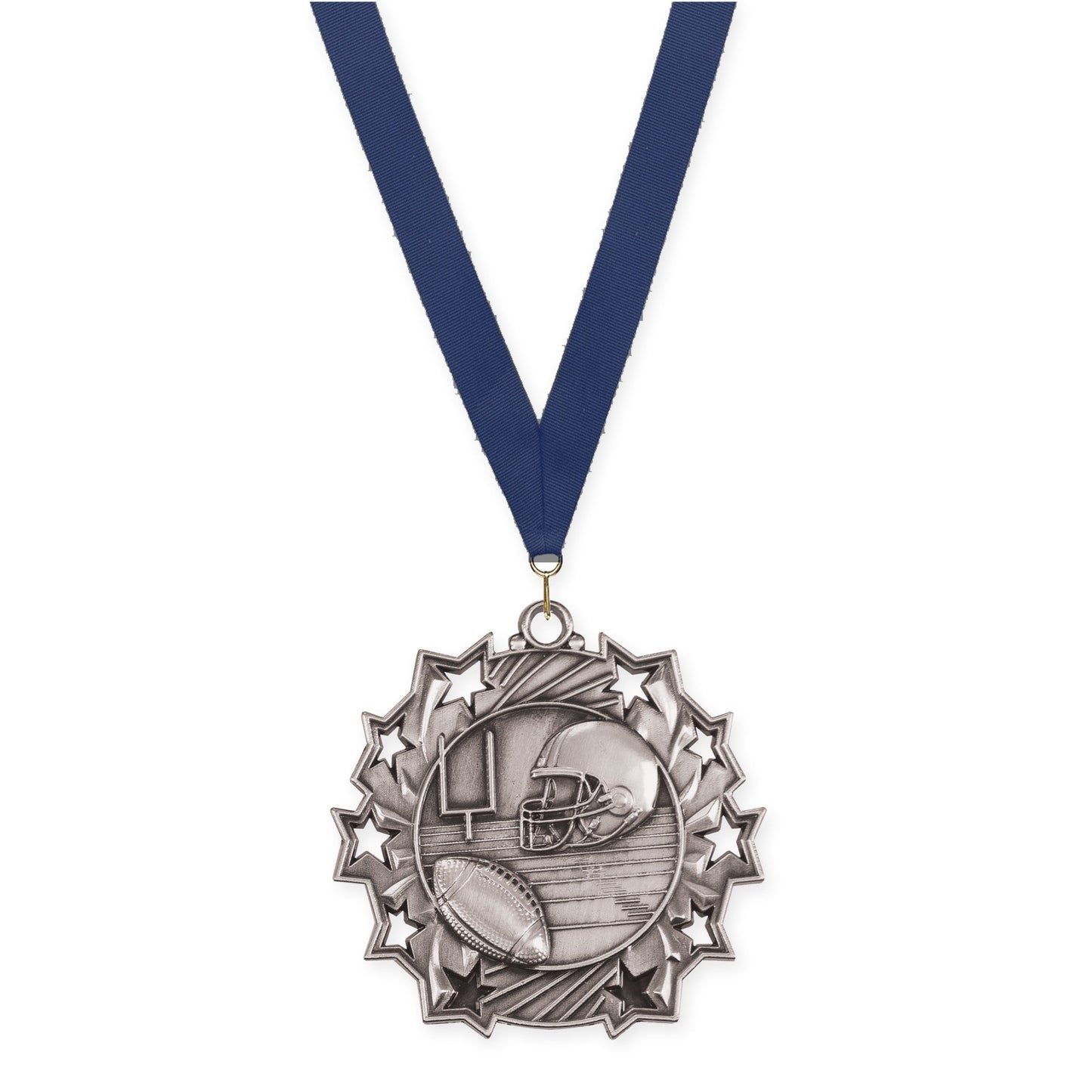 2 1/4 inch football Ten Star medal in bright silver with Navy neck ribbon