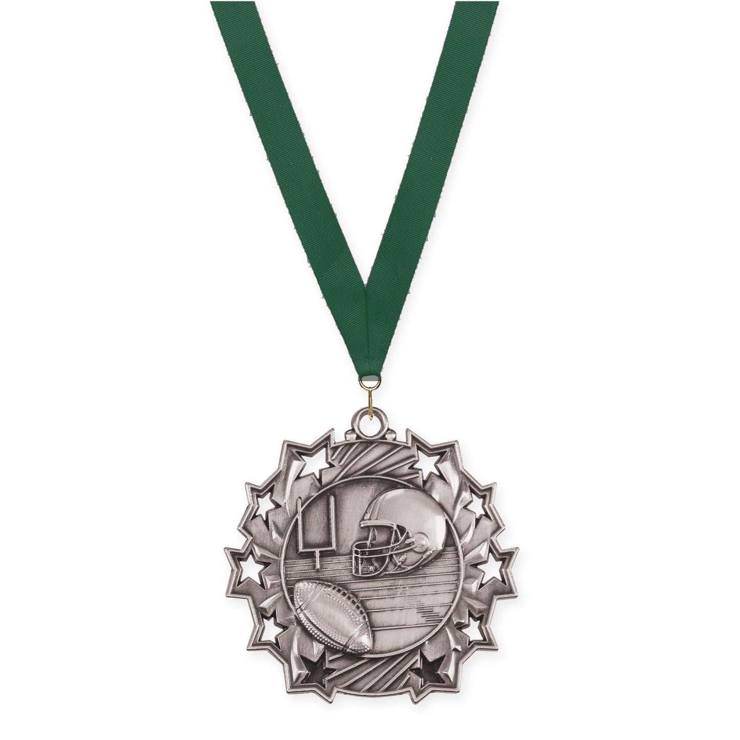 2 1/4 inch football Ten Star medal in bright silver with Hunter Green neck ribbon