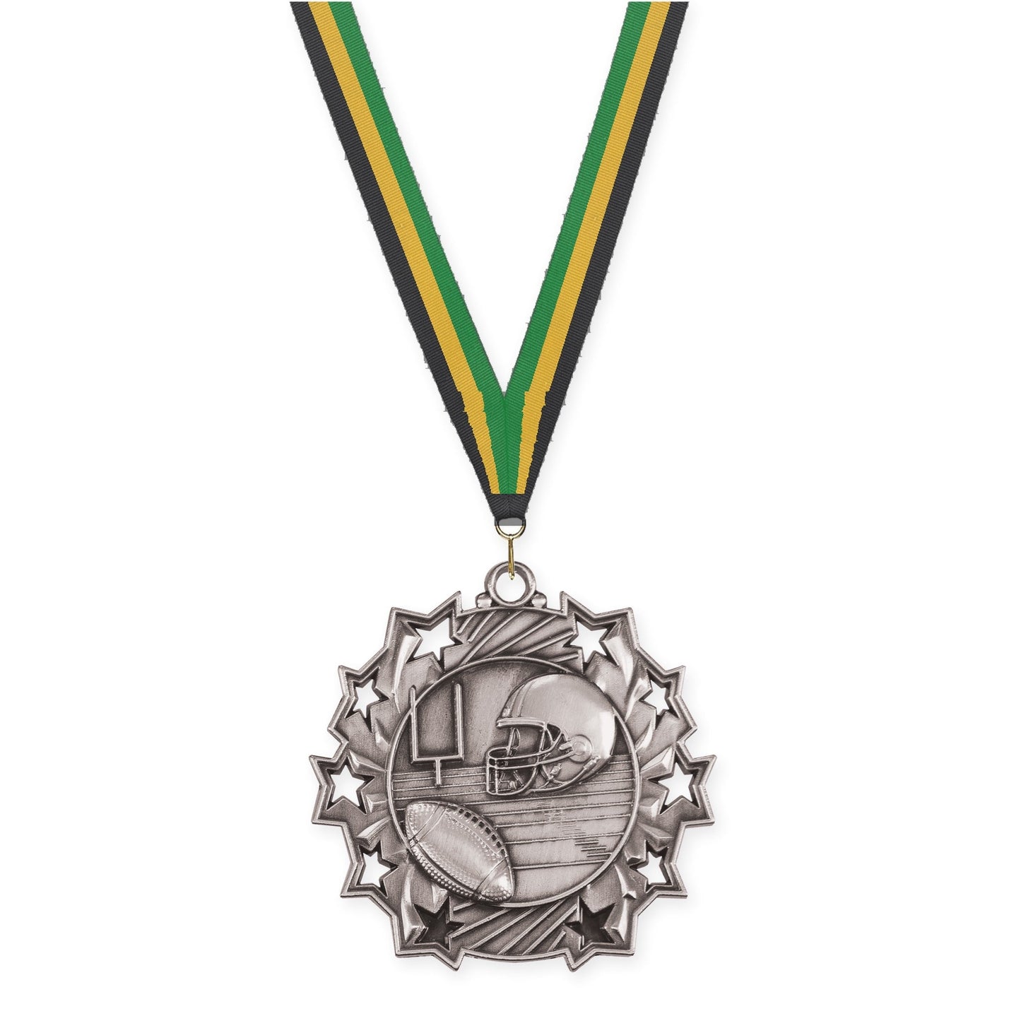 2 1/4 inch football Ten Star medal in bright silver with Black Gold Green neck ribbon