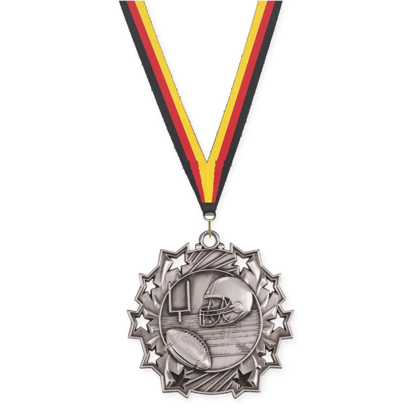 2 1/4 inch football Ten Star medal in bright silver with Black Red Yellow neck ribbon