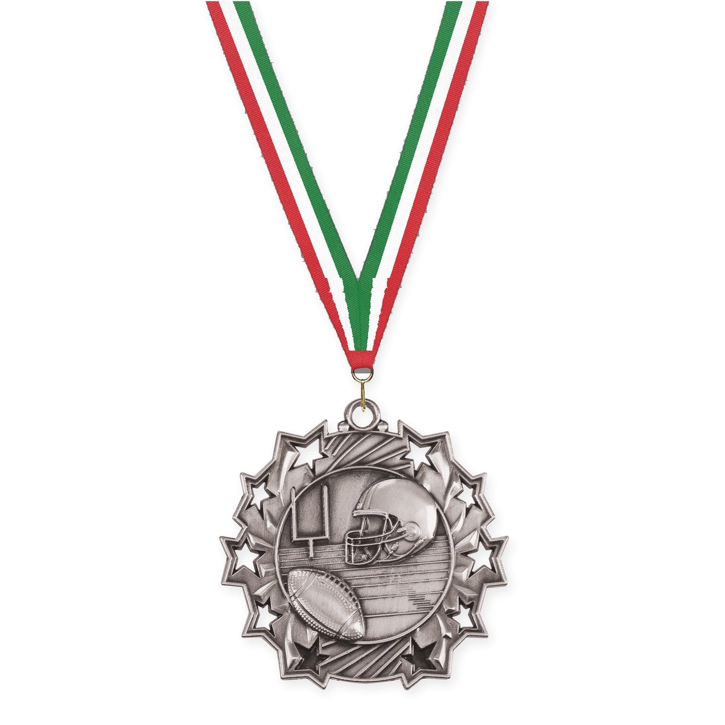 2 1/4 inch football Ten Star medal in bright silver with Red White Green neck ribbon