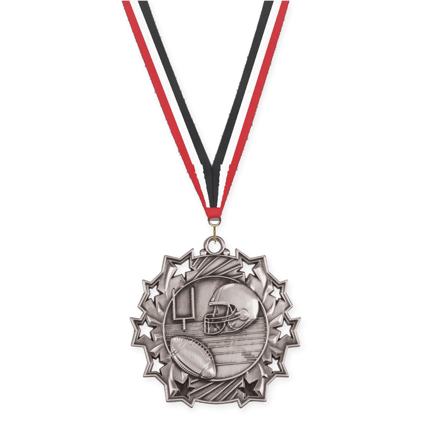 2 1/4 inch football Ten Star medal in bright silver with Red White Black neck ribbon