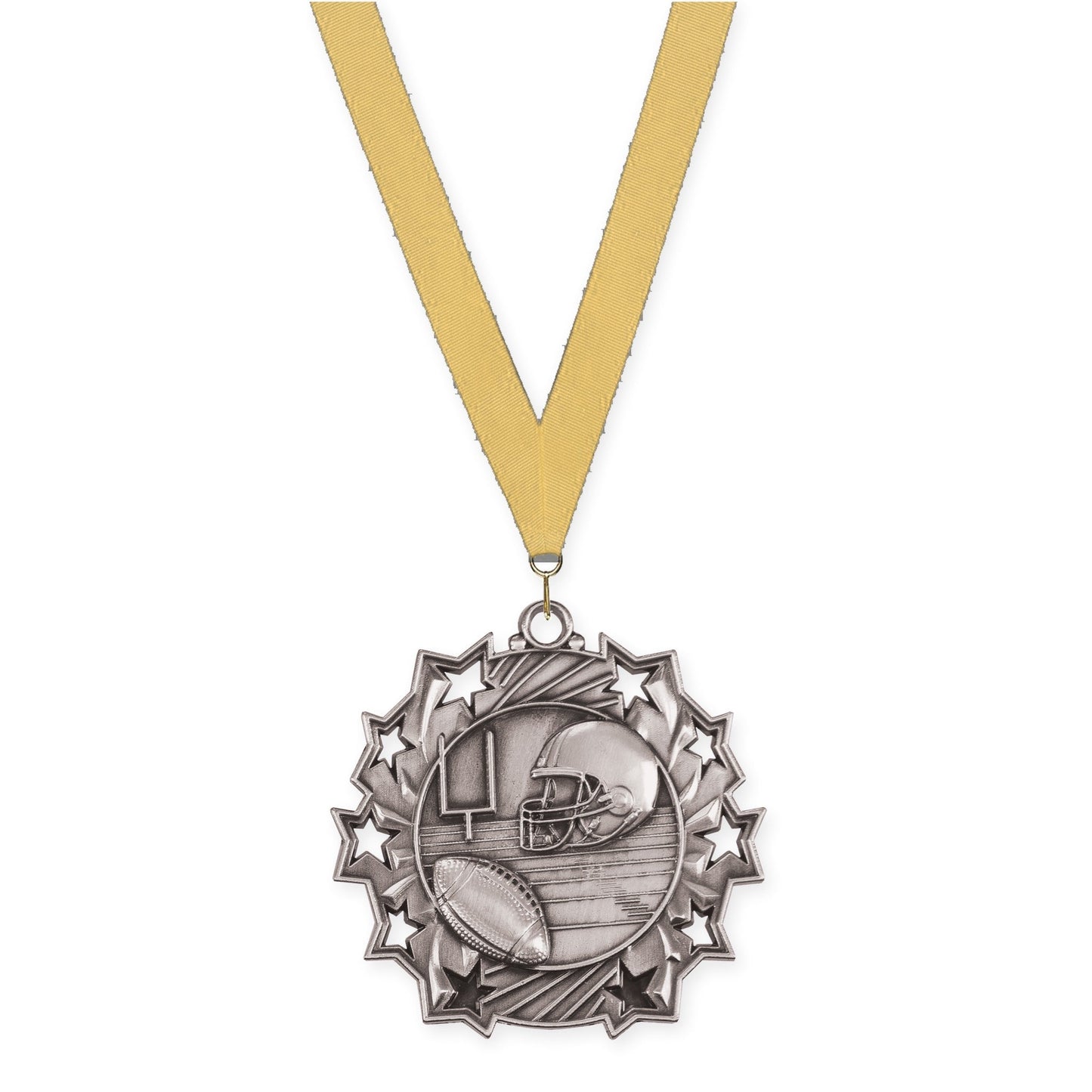 2 1/4 inch football Ten Star medal in bright silver with Gold Metallic neck ribbon