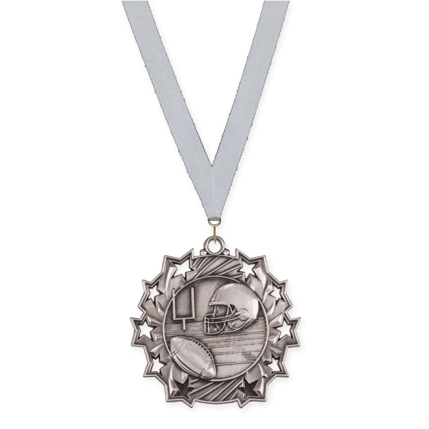 2 1/4 inch football Ten Star medal in bright silver with Silver Metallic neck ribbon