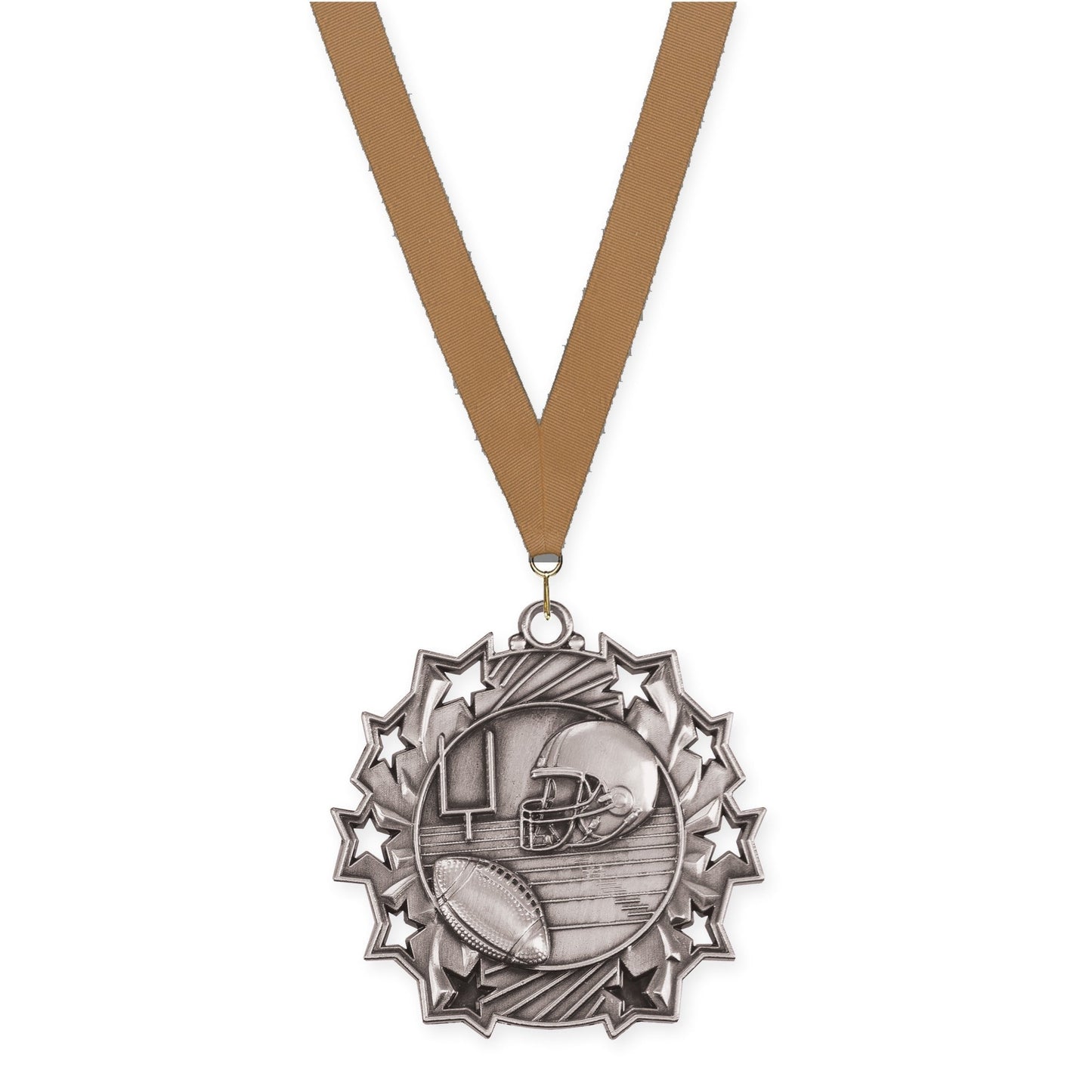 2 1/4 inch football Ten Star medal in bright silver with Bronze Metallic neck ribbon
