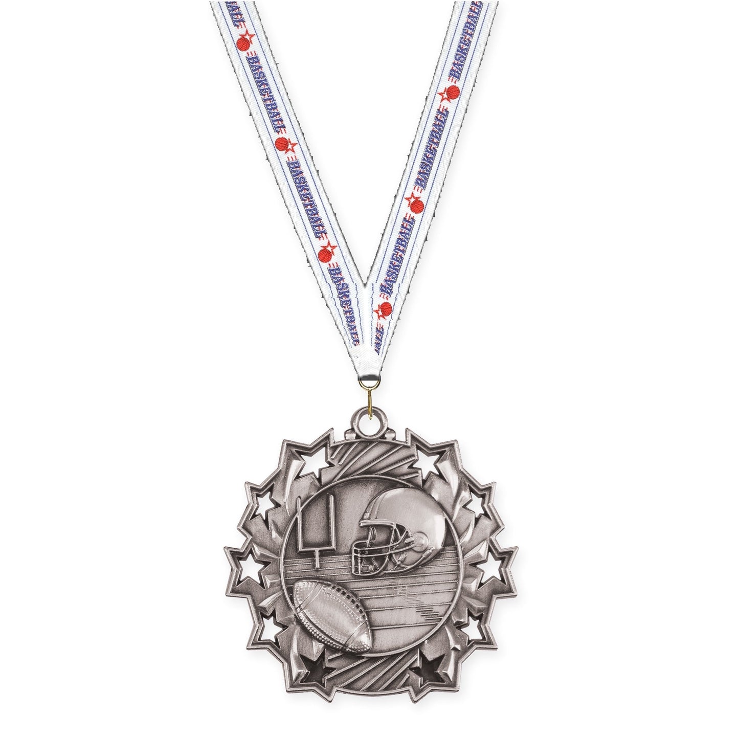 2 1/4 inch football Ten Star medal in bright silver with Basketball neck ribbon