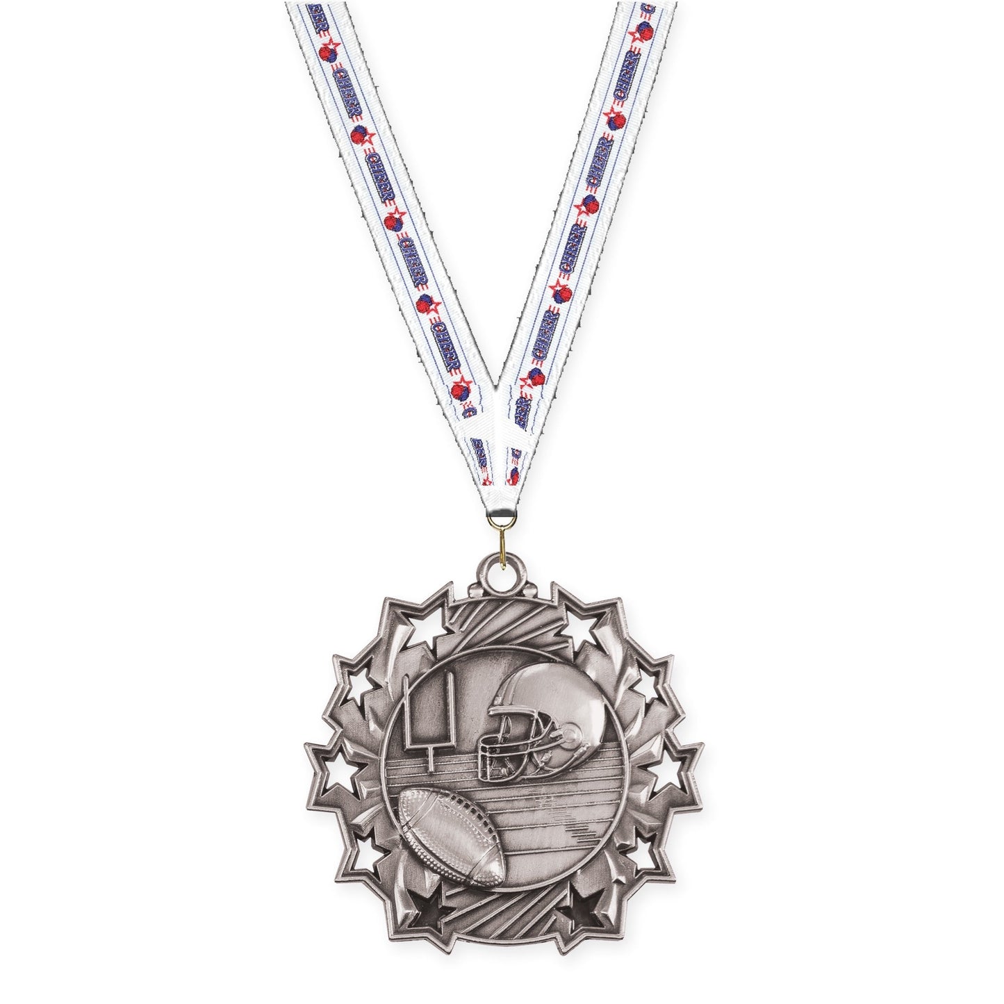 2 1/4 inch football Ten Star medal in bright silver with Cheerleading neck ribbon