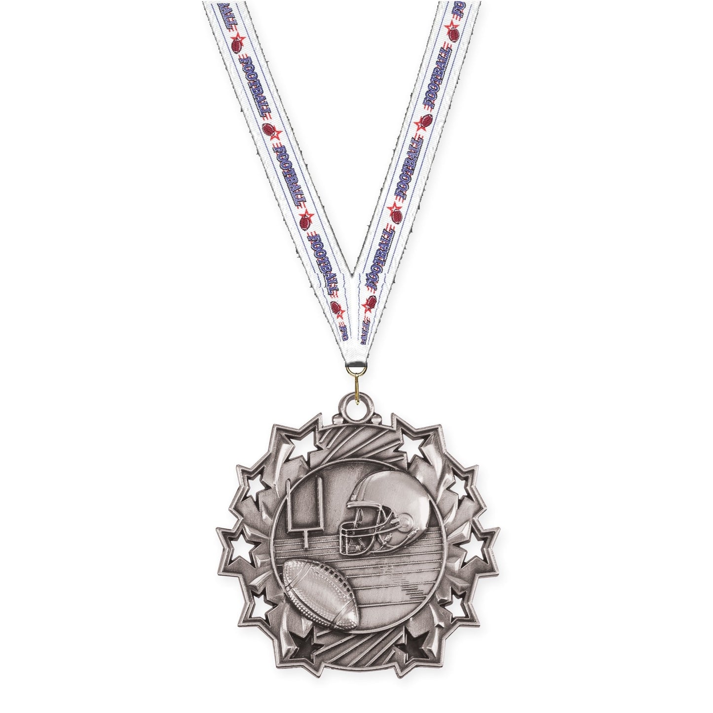 2 1/4 inch football Ten Star medal in bright silver with Football neck ribbon