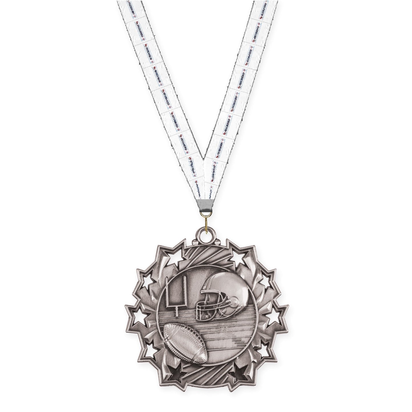 2 1/4 inch football Ten Star medal in bright silver with Gymnastics neck ribbon