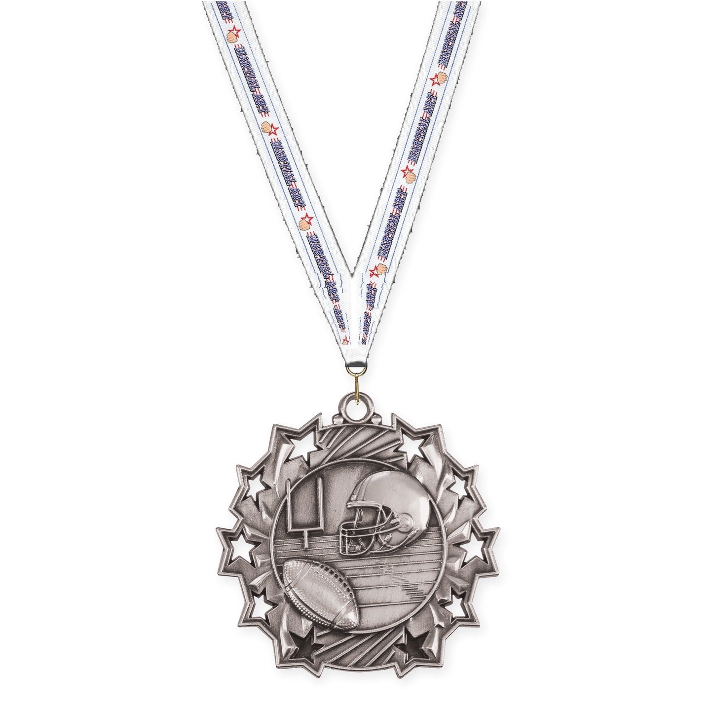2 1/4 inch football Ten Star medal in bright silver with Martial Arts neck ribbon