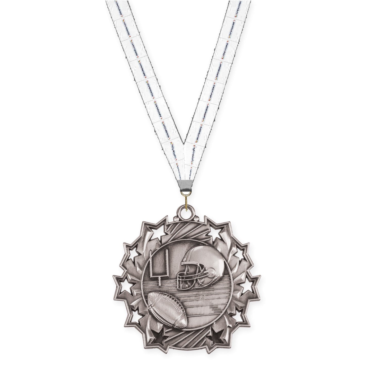 2 1/4 inch football Ten Star medal in bright silver with Lamp Of Knowledge neck ribbon