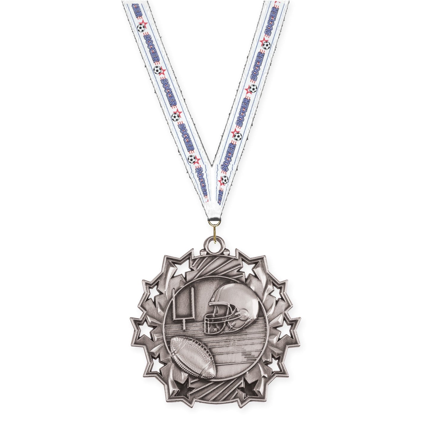 2 1/4 inch football Ten Star medal in bright silver with Soccer neck ribbon
