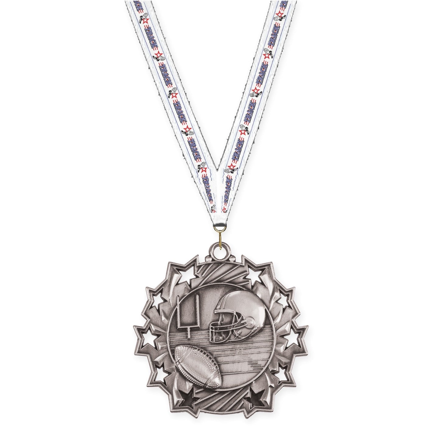 2 1/4 inch football Ten Star medal in bright silver with Track neck ribbon