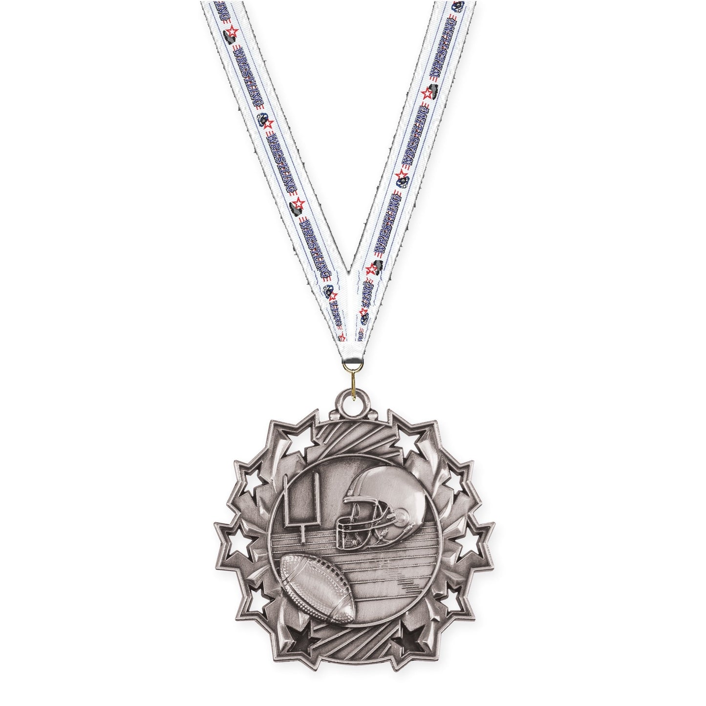 2 1/4 inch football Ten Star medal in bright silver with Wrestling neck ribbon