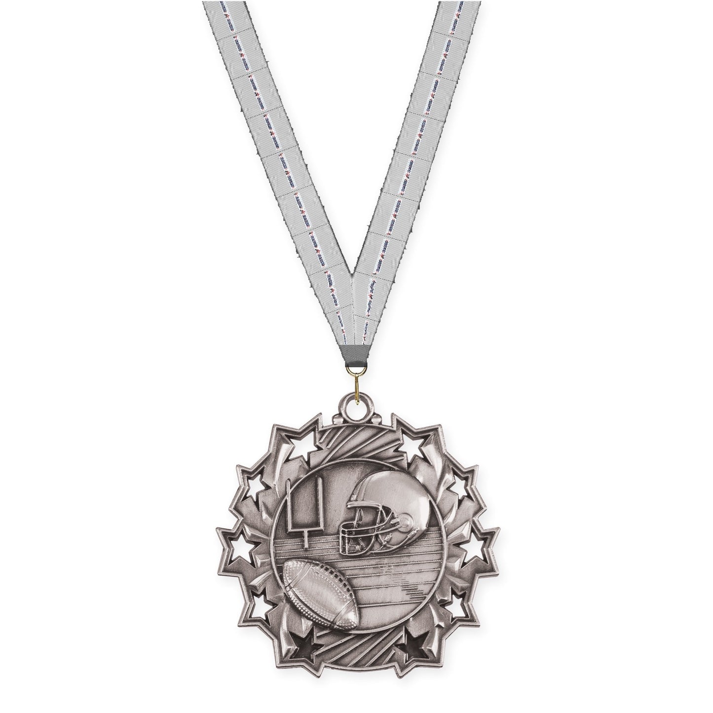 2 1/4 inch football Ten Star medal in bright silver with Auto Racing neck ribbon