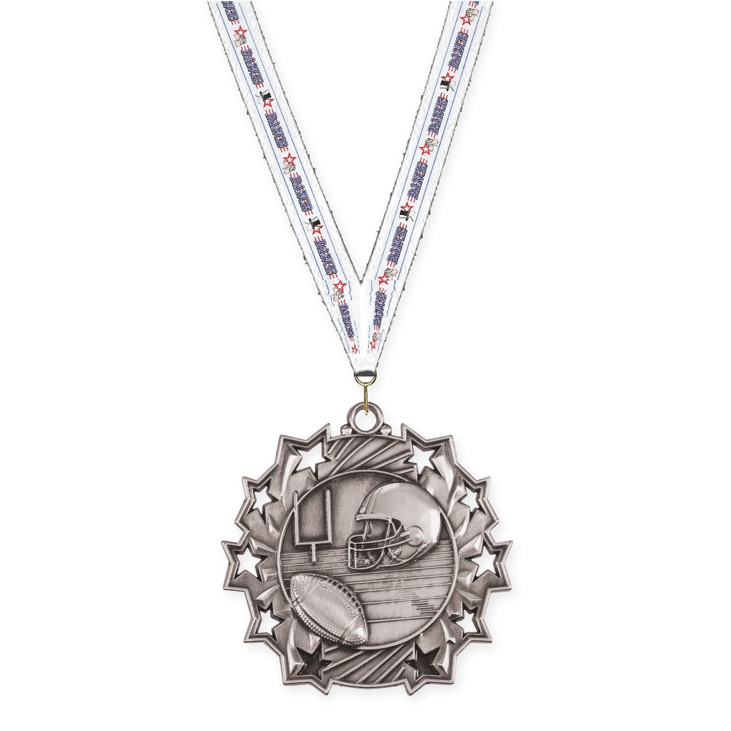 2 1/4 inch football Ten Star medal in bright silver with Dance neck ribbon