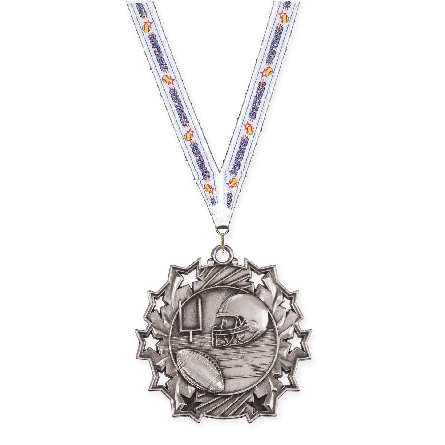 2 1/4 inch football Ten Star medal in bright silver with Softball neck ribbon