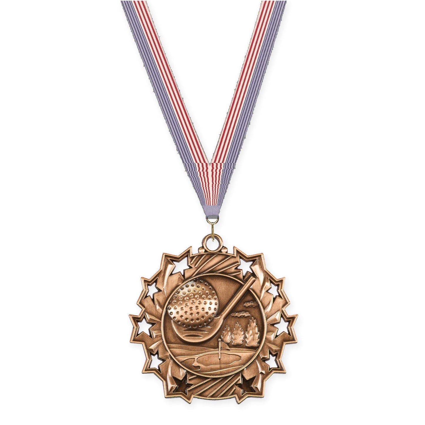 2 1/4 inch golf Ten Star medal in antique bronze with USA Flag neck ribbon