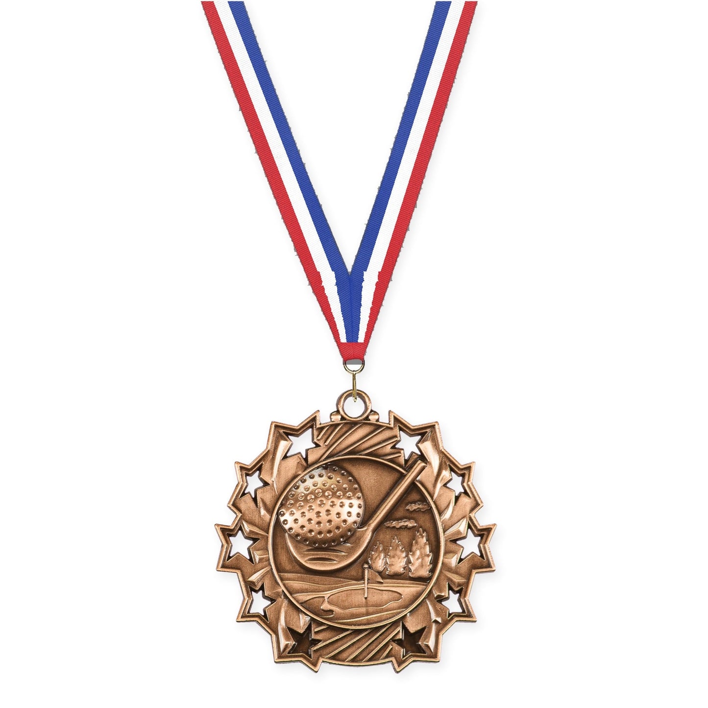 2 1/4 inch golf Ten Star medal in antique bronze with Red White Blue neck ribbon