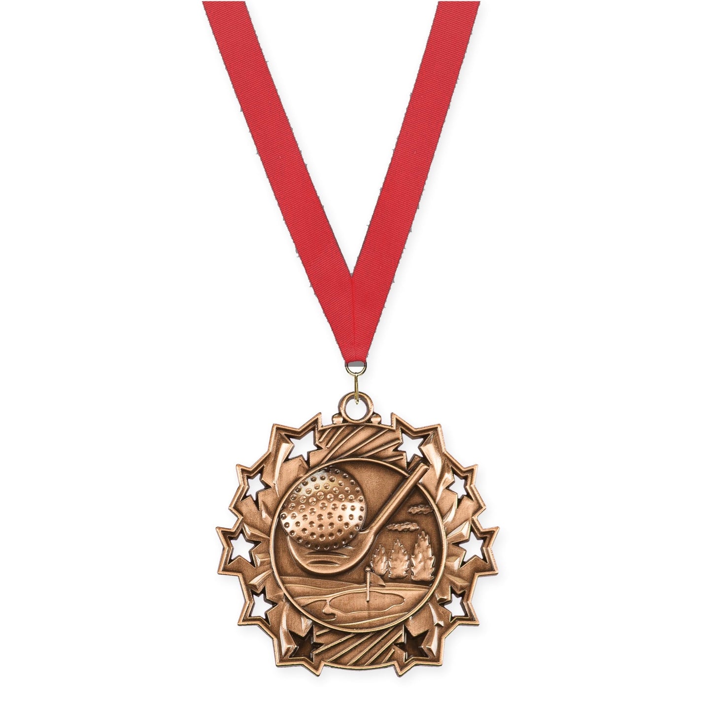 2 1/4 inch golf Ten Star medal in antique bronze with Red neck ribbon