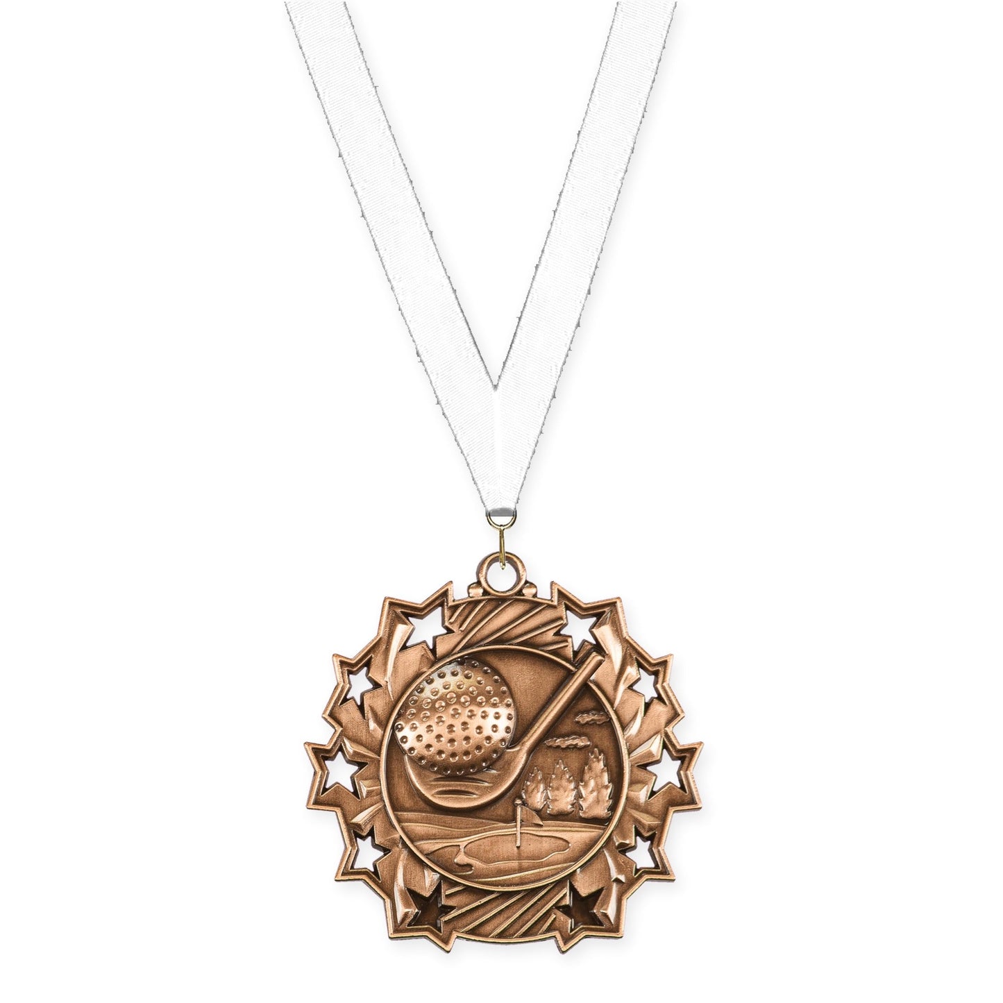 2 1/4 inch golf Ten Star medal in antique bronze with White neck ribbon