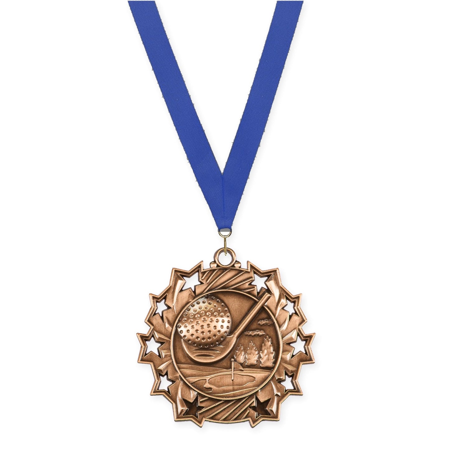 2 1/4 inch golf Ten Star medal in antique bronze with Blue neck ribbon