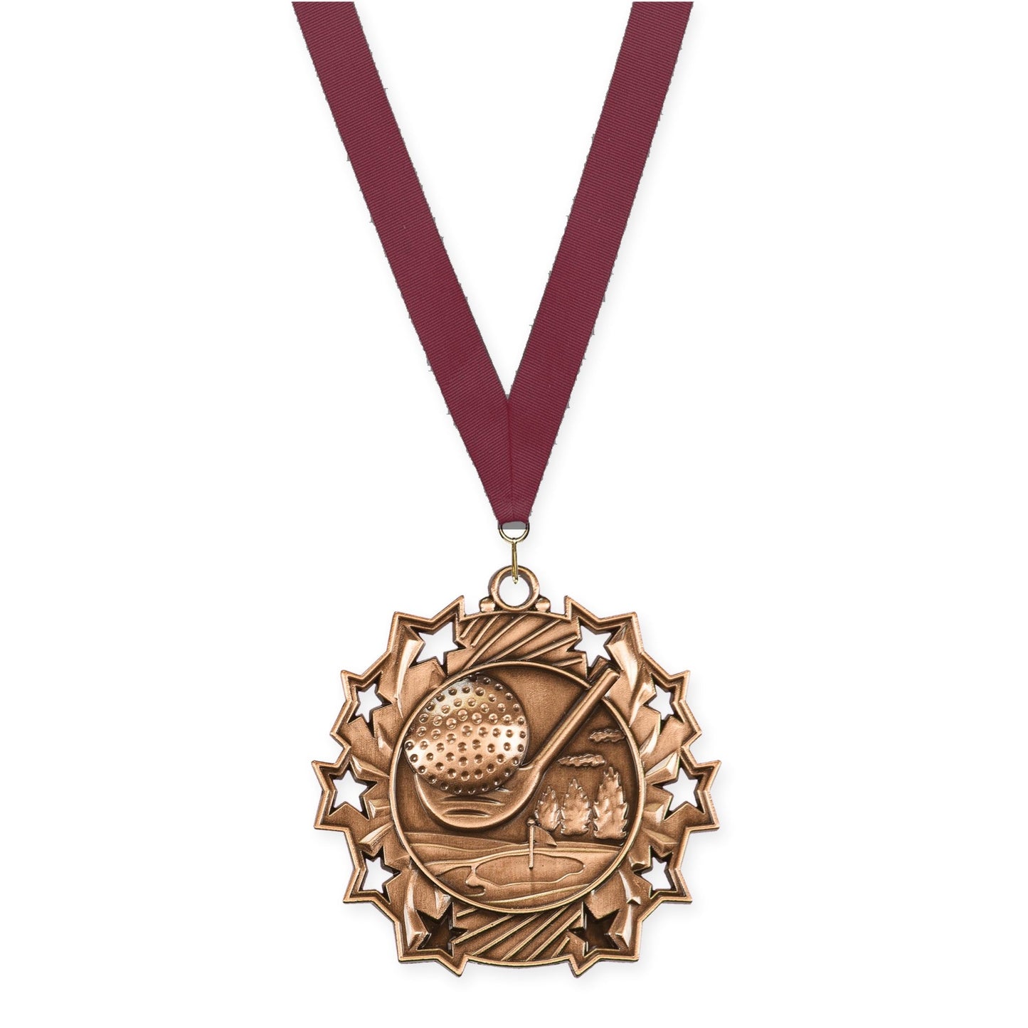 2 1/4 inch golf Ten Star medal in antique bronze with Maroon neck ribbon