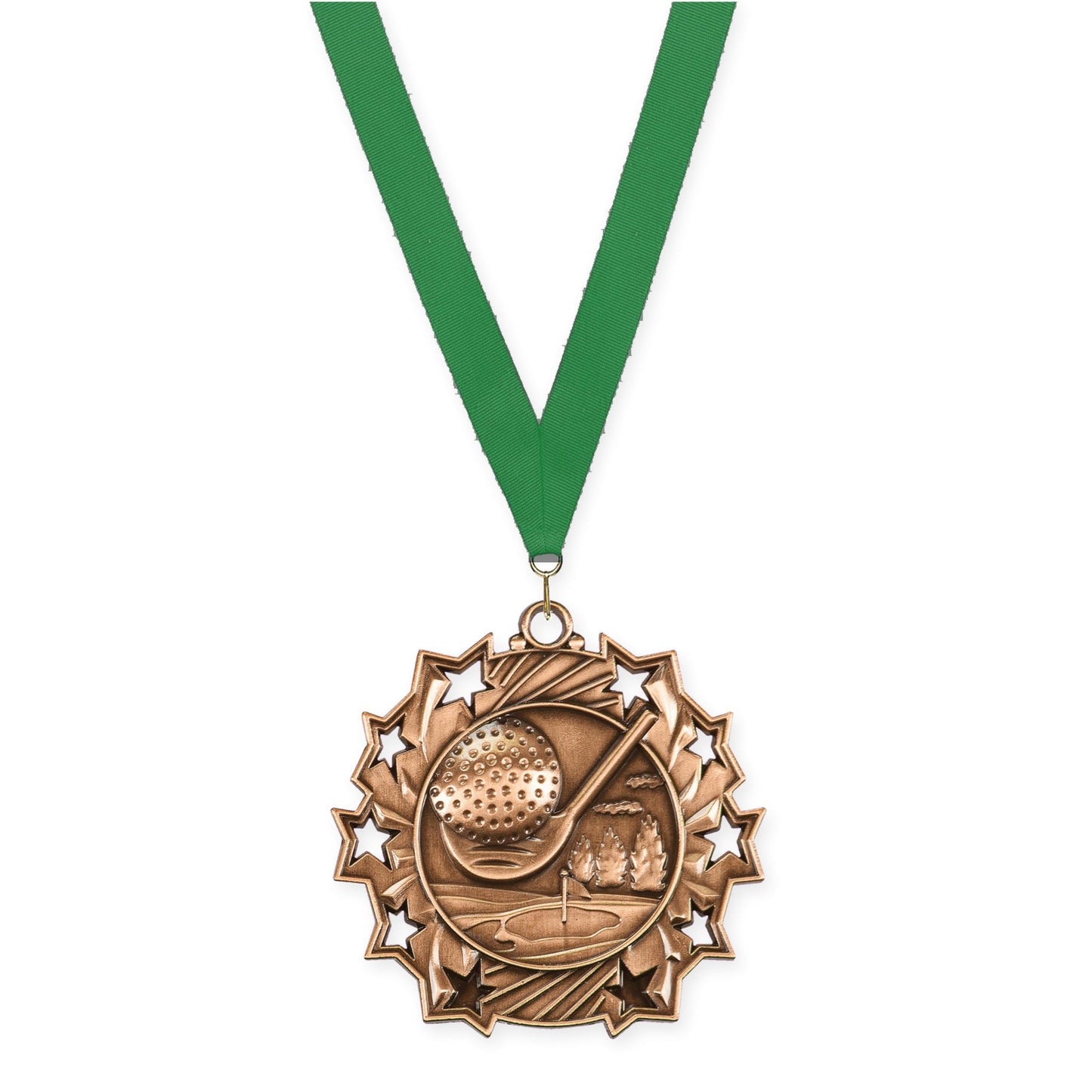 2 1/4 inch golf Ten Star medal in antique bronze with Green neck ribbon