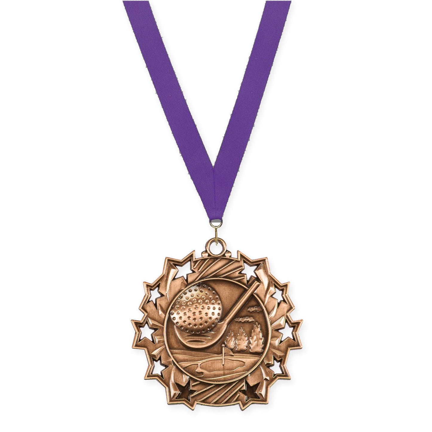 2 1/4 inch golf Ten Star medal in antique bronze with Purple neck ribbon