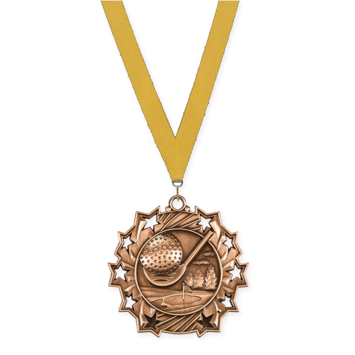 2 1/4 inch golf Ten Star medal in antique bronze with Gold neck ribbon