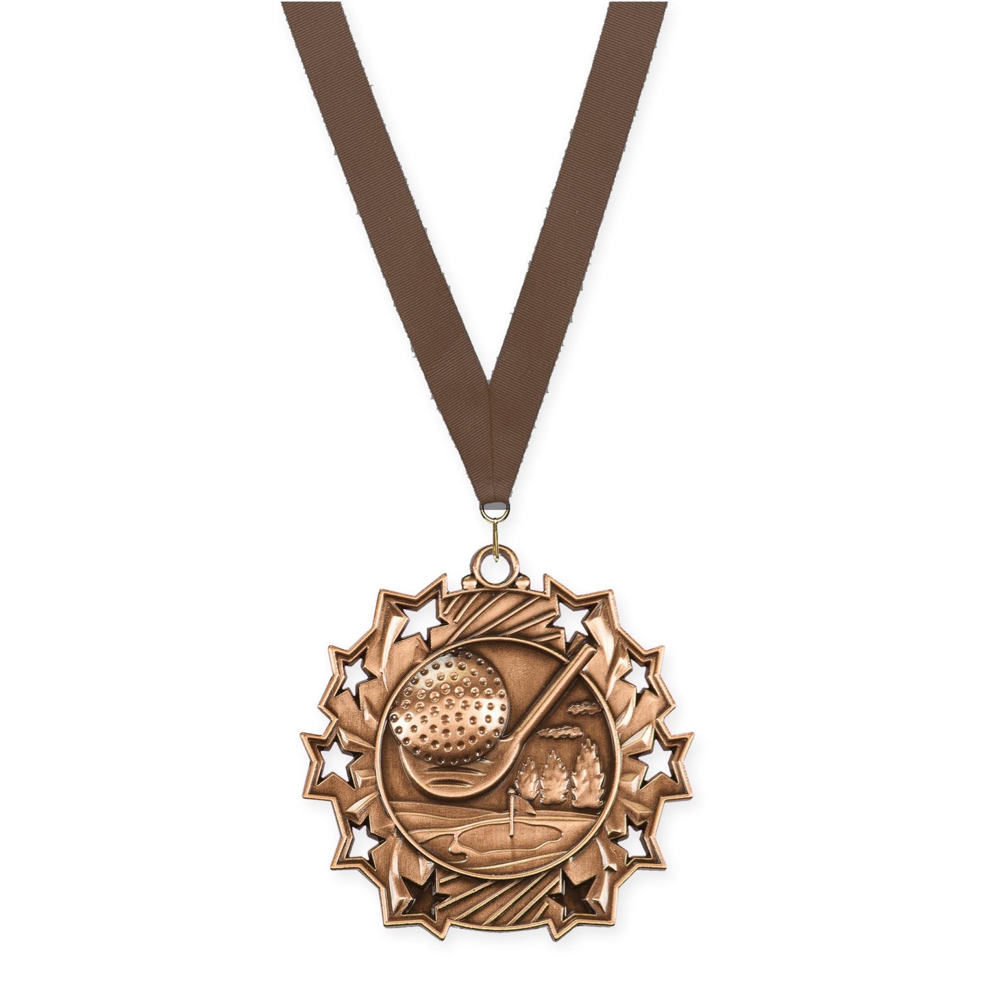 2 1/4 inch golf Ten Star medal in antique bronze with Brown neck ribbon
