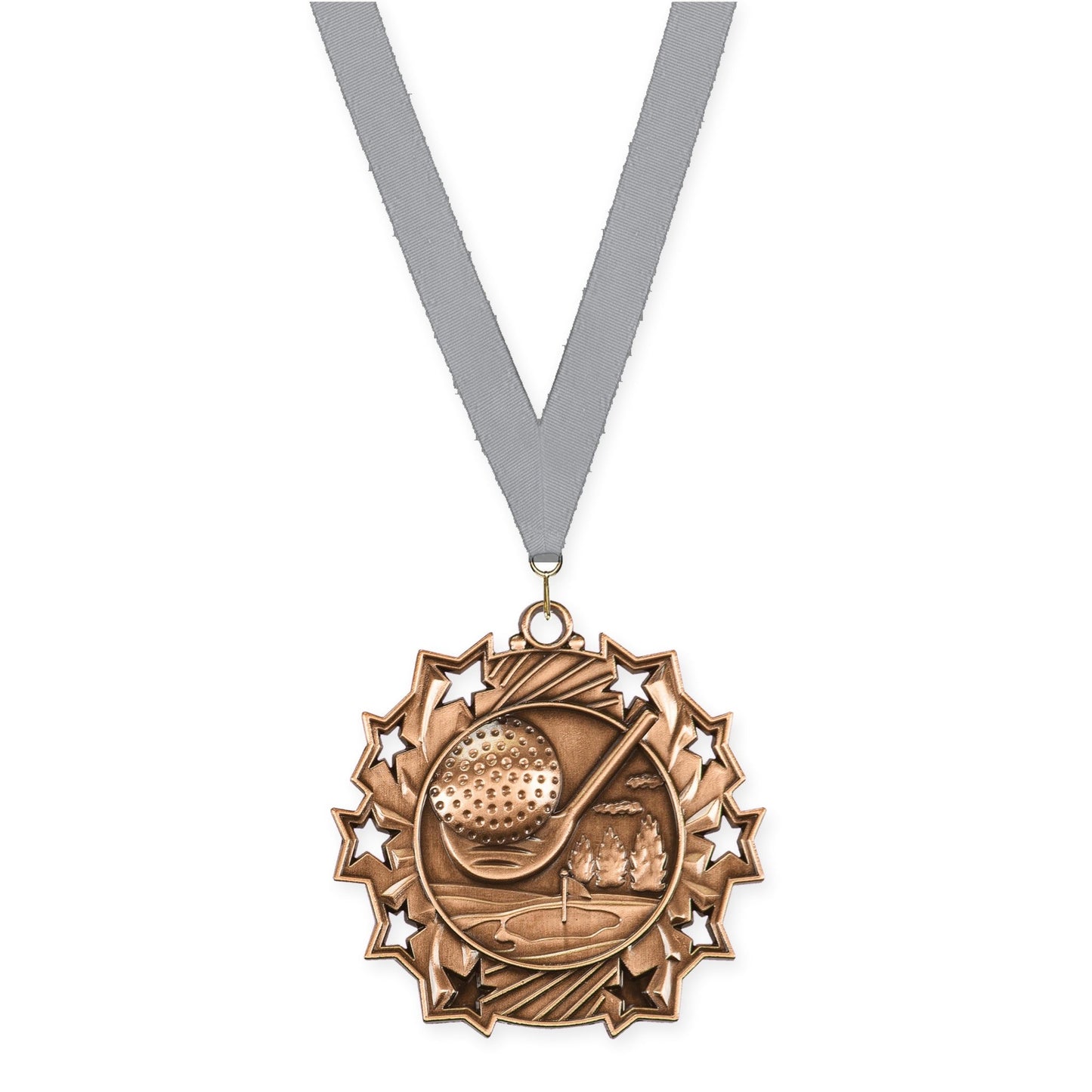 2 1/4 inch golf Ten Star medal in antique bronze with Gray neck ribbon